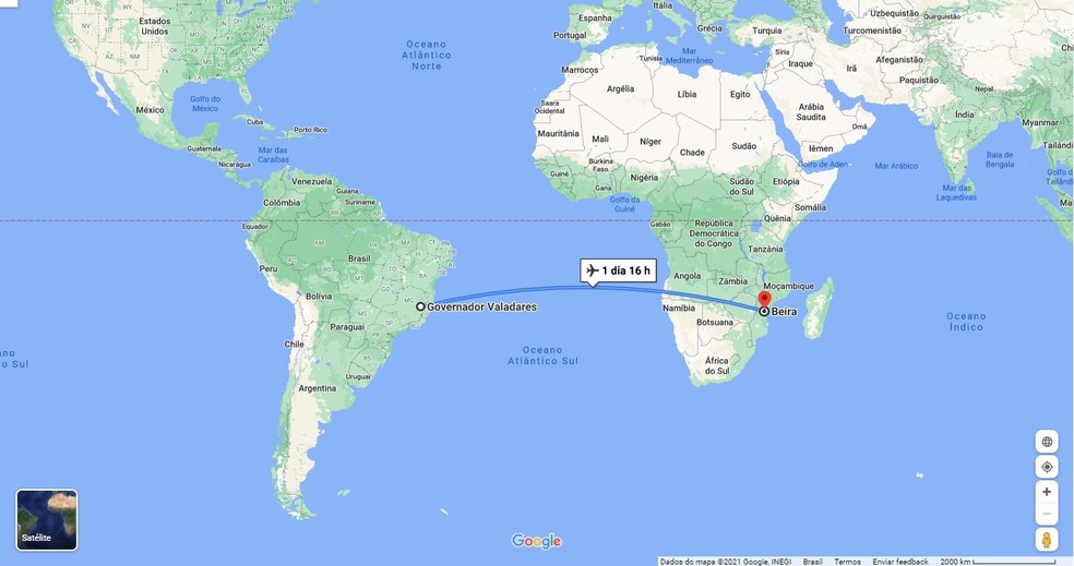 Mapa ilustra a distância de Governador Valadares a Beira; internet possibilitou parceria entre escritores — Foto: Google Maps