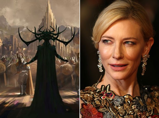 Cate Blanchett interpretará a vilã Hela, que aparece na arte conceitual publicada pela Marvel, em 'Thor: Ragnarok' (Foto: AFP PHOTO / JUSTIN TALLIS e Divulgação / Marvel)