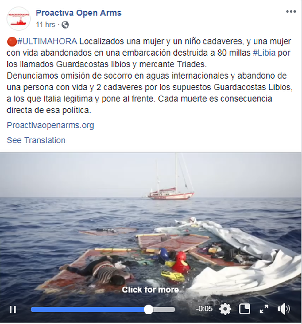 Vídeo publicado em rede social mostra o momento do resgate da camaronesa (Foto: Proactive Open Arms/Reprodução/Facebook)
