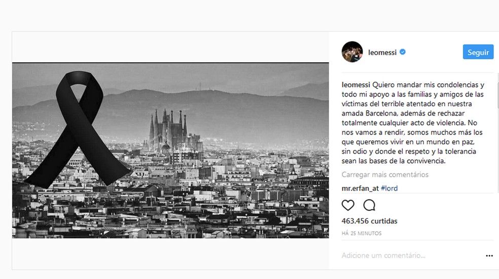 Messi publicou mensagem de apoio à cidade de Barcelona (Foto: reprodução / Instagram)