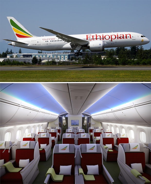 787 Dreamliner da Ethiopian durante pouso e ilustração que apresenta a classe executiva do modelo (Foto: Reprodução/Facebook/Ethiopian Airlines)