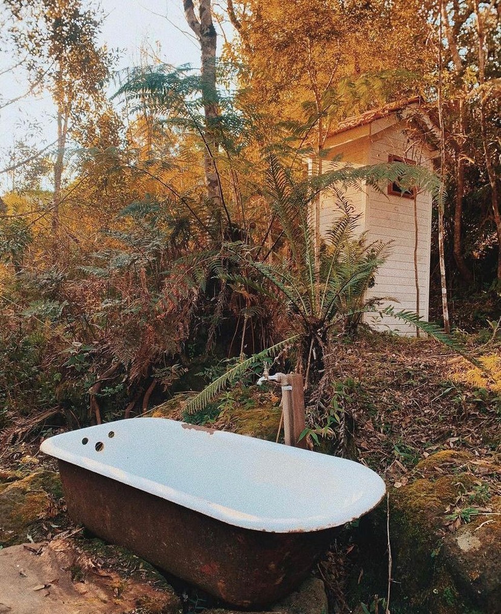 Banheira fica em meio à floresta em casa de Alfredo Wagner  — Foto: Airbnb/ Redes Sociais/ Reprodução