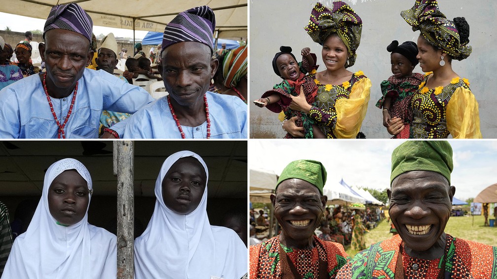 Participantes do fesitval de gêmeos de Igbo-Ora, cidade no sudoeste da Nigéria, que passou a celebrar anualmente a alta incidência de gêmeos entre seus habitantes — Foto: Sunday Alamba/AP