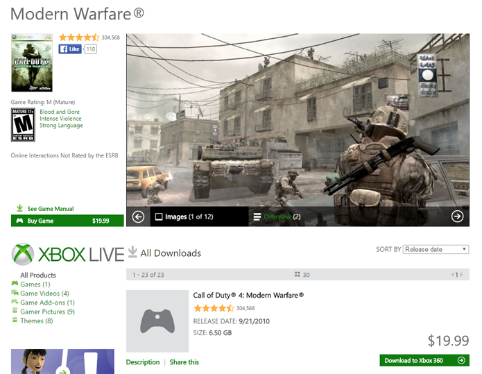 Página de Call of Duty Modern Warfare na Xbox LIVE Marketplace (Foto: Reprodução/André Mello)
