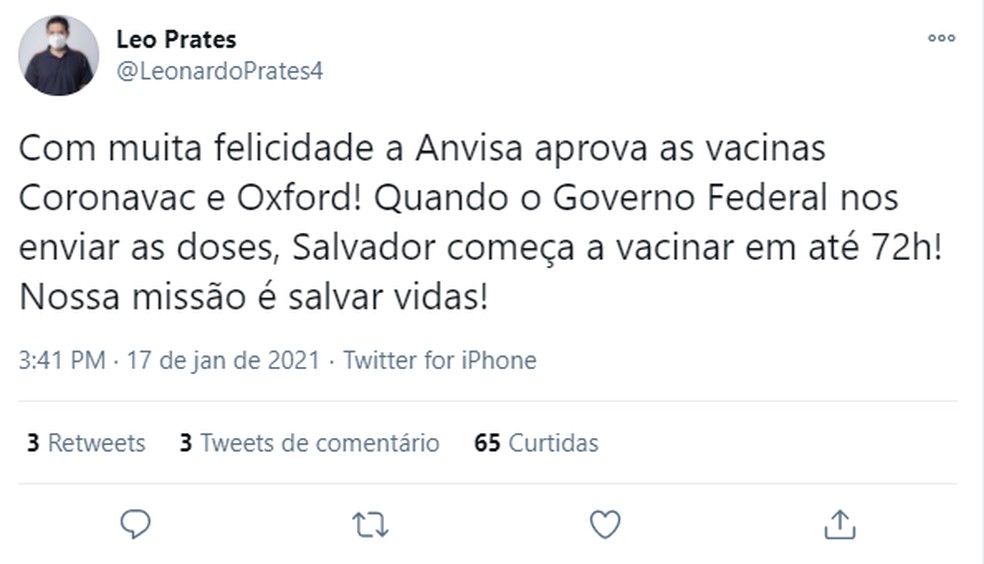 Secretário de saúde diz que vacinação em Salvador começa em até 72h após governo federal enviar doses — Foto: Reprodução / Redes Sociais