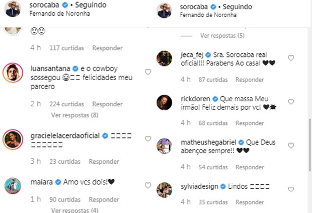 Comentários de famosos sobre noivado de Sorocaba (Foto: Reprodução/Instagram)