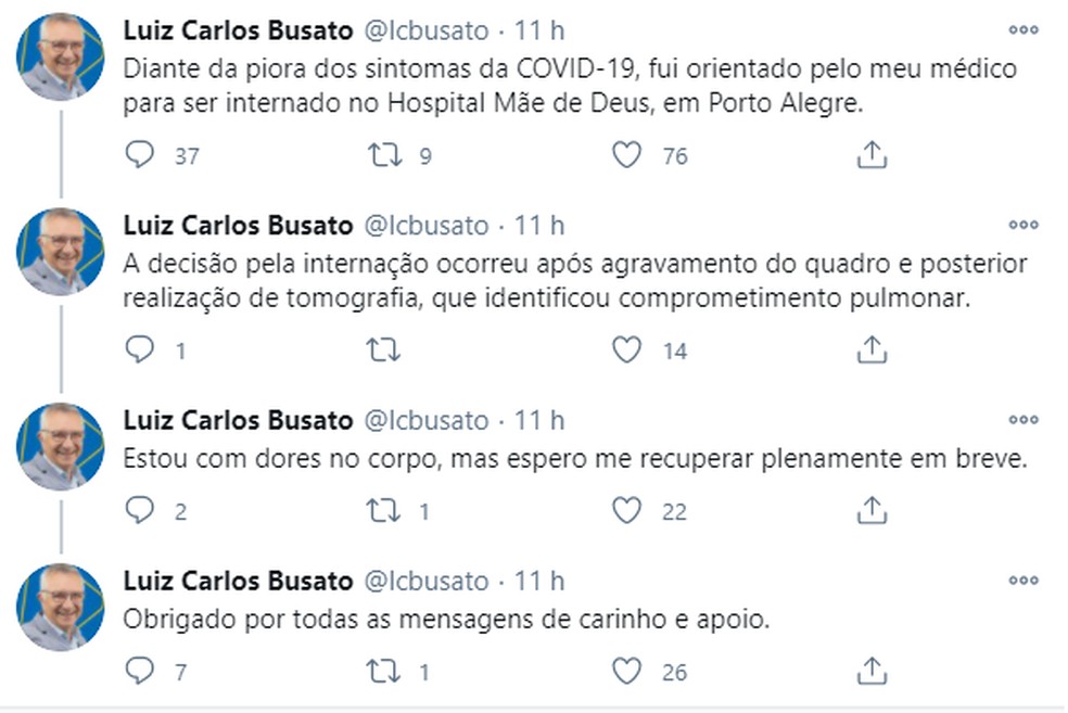 Luiz Carlos Busato informa interna&ccedil;&atilde;o por piora nos sintomas da Covid-19 &mdash; Foto: Reprodu&ccedil;&atilde;o/Twitter
