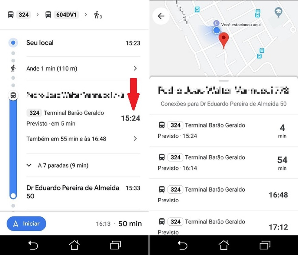 O usuário pode consultar horários de ônibus e outros transportes públicos com o Google Maps — Foto: Reprodução/Maria Dias