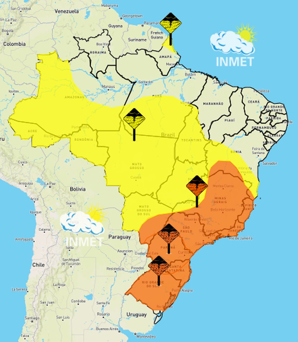 São previstos volumes de chuvas expressivos em áreas do centro-leste do País. — Foto: Reprodução/INMET