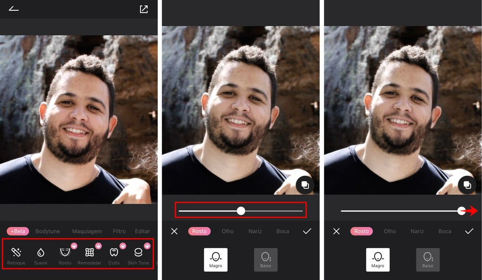 Efeitos do Sweet Selfie corrigem imperfeições do rosto — Foto: Reprodução/Rodrigo Fernandes