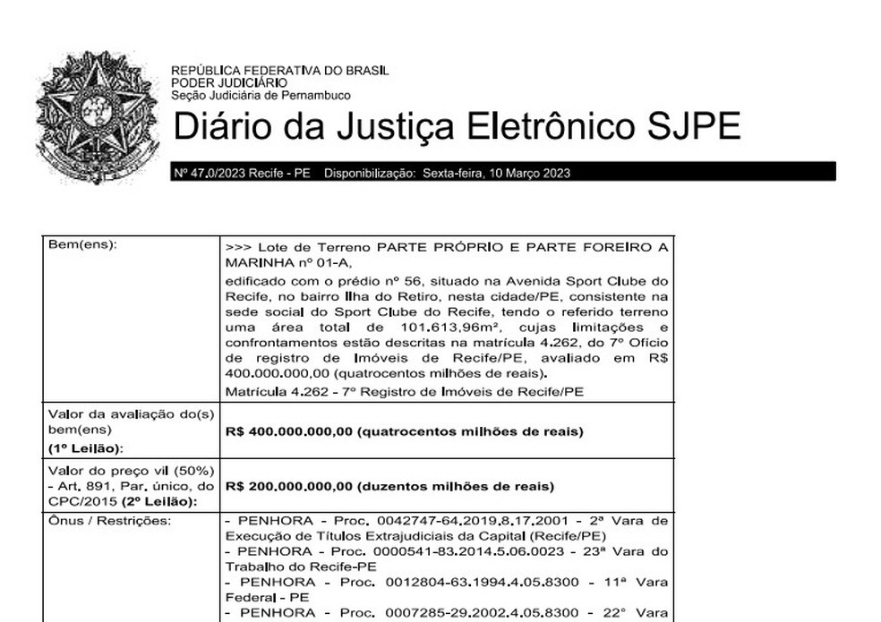 Edital de convocação para o leilão da sede do Sport — Foto: Reprodução