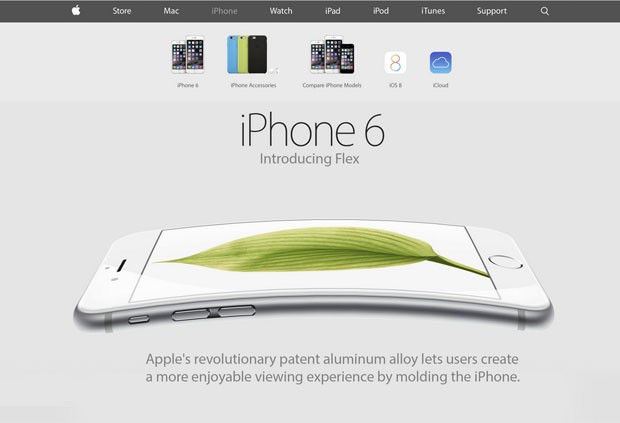 Internautas criaram imagem que lembra o site da Apple, brincando que o iPhone 6 é flexível (Foto: Reprodução/Imgur.com)