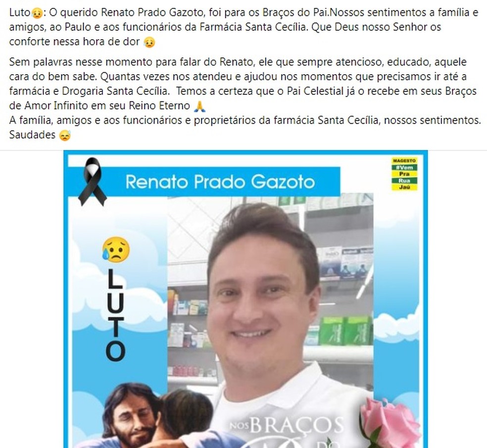 Post lamentando a morte de Renato Gazoto conta com quase duas mil curtidas e centenas de comentários — Foto: Redes Sociais/Reprodução