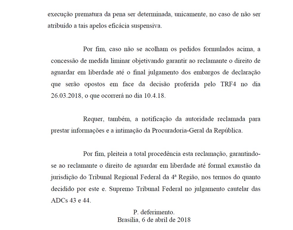 Pedido da defesa do ex-presidente Luiz InÃ¡cio Lula da Silva ao Supremo Tribunal Federal (Foto: ReproduÃ§Ã£o)