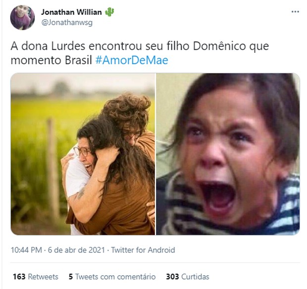 Reencontro de Lurdes e Domênico em Amor de Mãe rende memes na web (Foto: Reprodução/Twitter)
