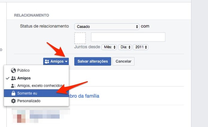 Ação para alterar a privacidade do status de privacidade para relacionamentos de um perfil do Facebook (Foto: Reprodução/Marvin Costa) Ação para alterar a privacidade do status de privacidade para relacionamentos de um perfil do Facebook (Foto: Reprodução/Marvin Costa)