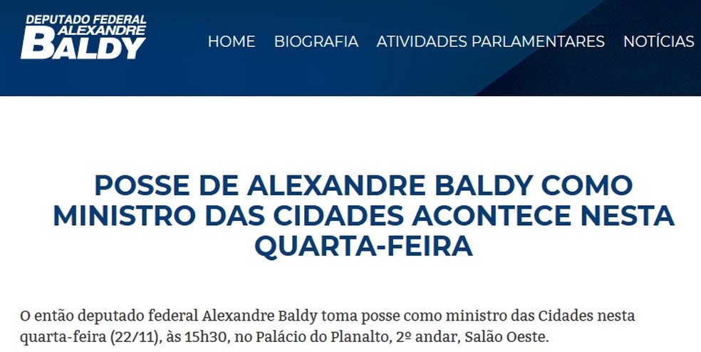 Trecho da nota publicada no site do deputado Alexandre Baldy (Foto: Reprodução)