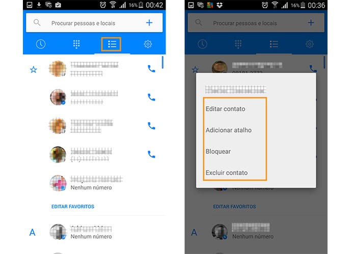 Lista de contatos no app e opções (Foto: Reprodução/Barbara Mannara)