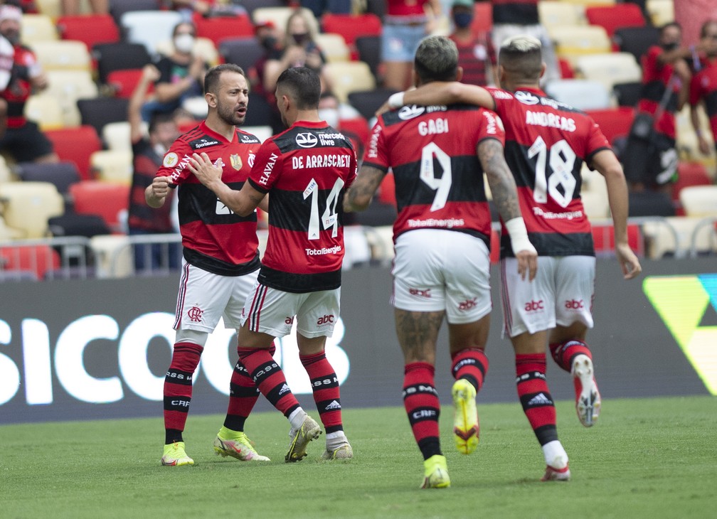 Jogadores do Flamengo comemoram gol de Everton Ribeiro — Foto: André Durão