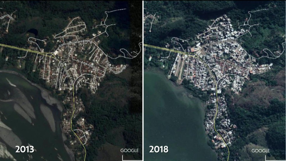 Imagens de satélite comparam região em que prédios desabaram no Rio — Foto: Reprodução/GloboNews