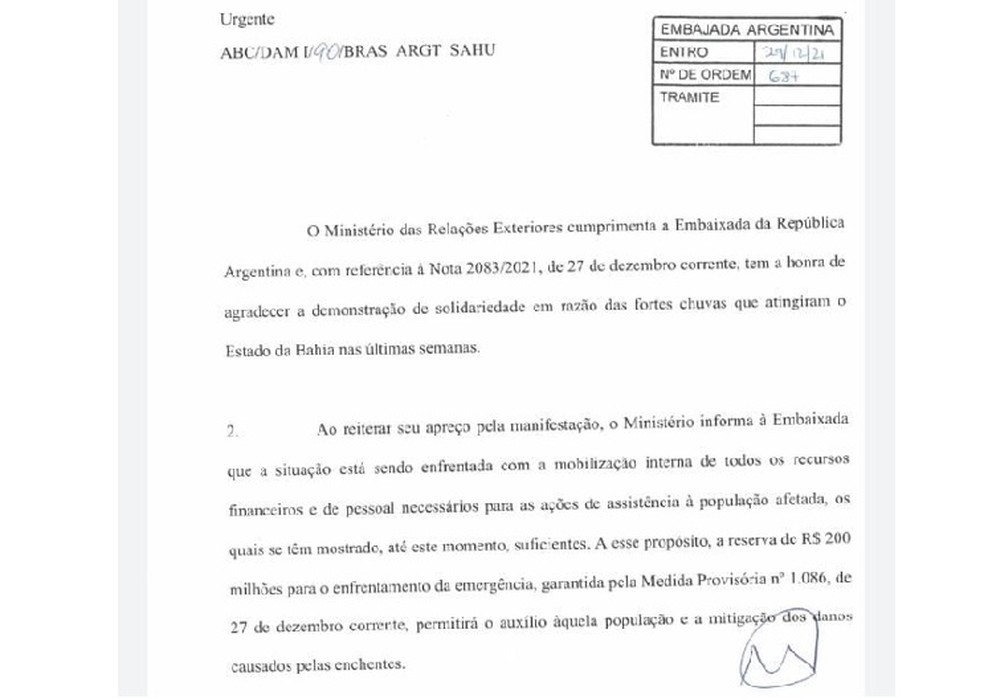Governo federal nega pedido de Rui Costa para autorizar missão Argentina à Bahia — Foto: g1 BA
