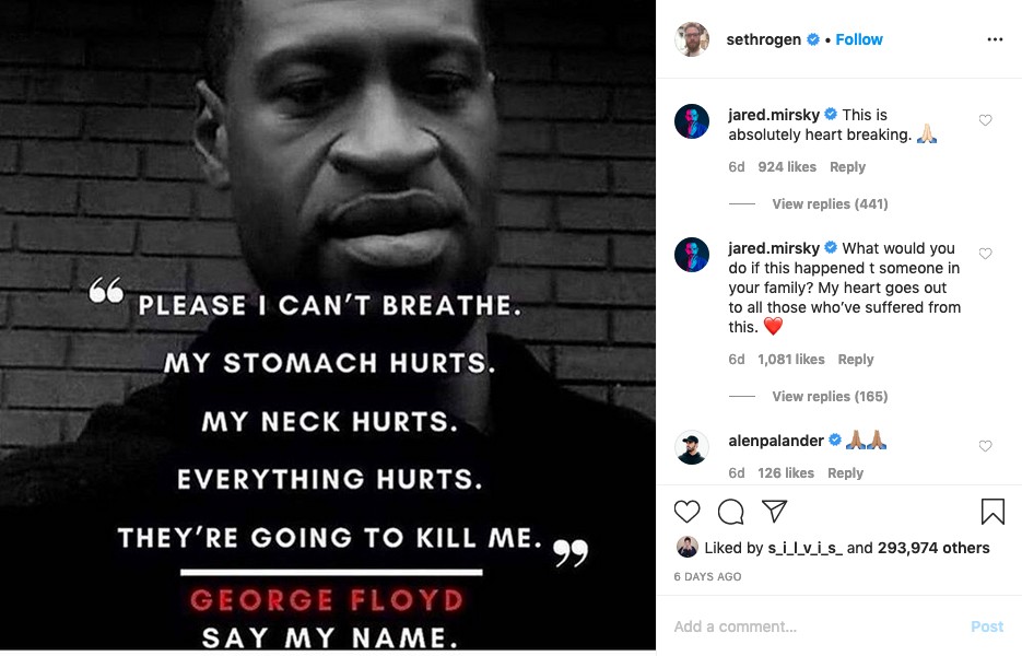 O post do ator Seth Rogen lamentando a morte de George Floyd (Foto: Instagram)