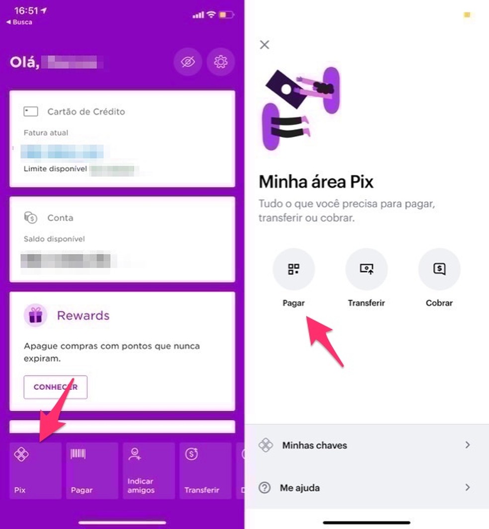 Ação para acessar a página de pagamentos na modalidade Pix no app Nubank — Foto: Reprodução/Marvin Costa