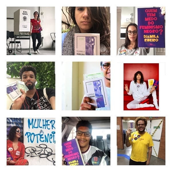Djamila Ribeiro fez esta montagens com as pessoas que levaram seus livros na votação (Foto: Reprodução Instagram)