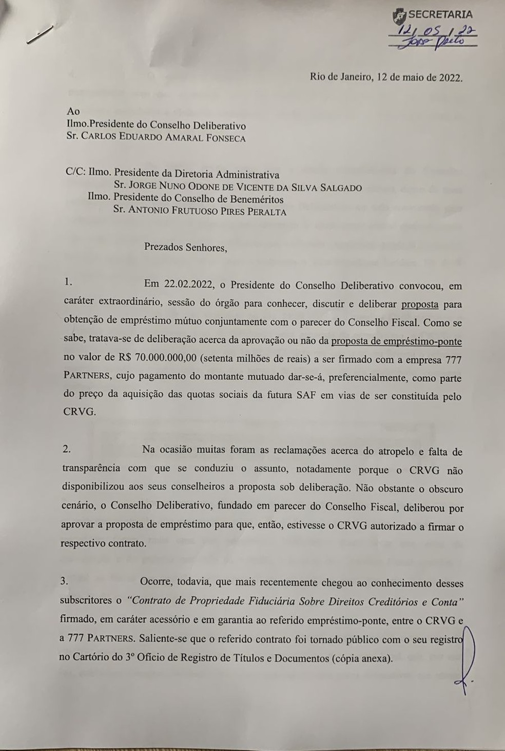 Ofício da oposição questiona trechos do contrato de empréstimo do Vasco com a 777 — Foto: ge