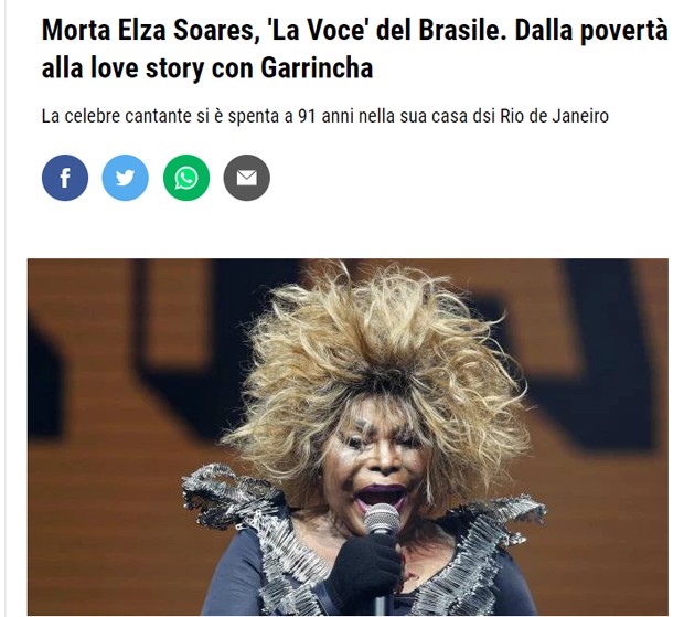 Morte de Elza Soares repercute no Il Giorno (Foto: Reprodução)