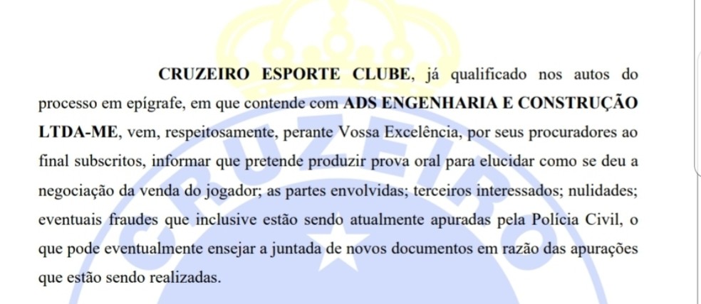 Trecho de documento do Cruzeiro na Justiça, apontando "eventuais fraudes" investigadas pela Polícia — Foto: Reprodução
