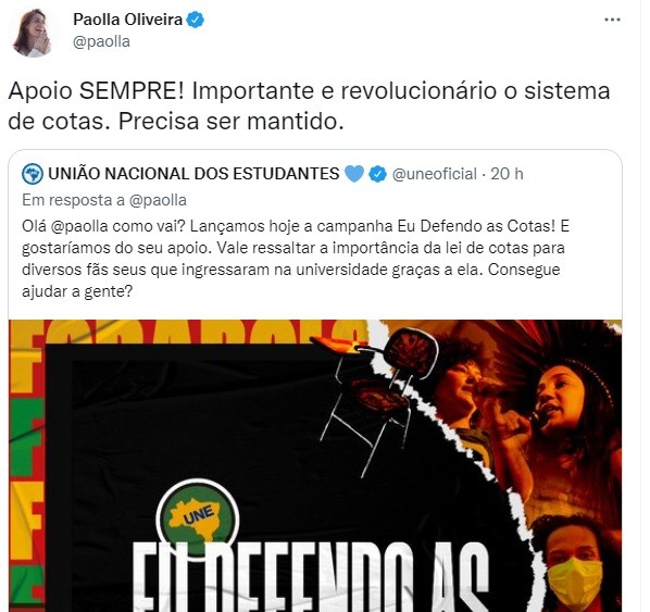 Paolla Oliveira defende cotas raciais (Foto: Reprodução/Twitter)
