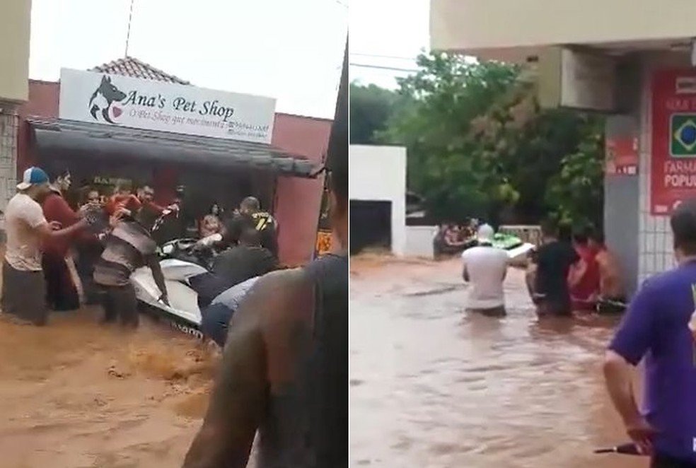 Criança foi salva primeiro e depois o piloto voltou para salvar mais pessoas, mas a moto aquática foi arrastada em Jaú — Foto: Arquivo pessoal