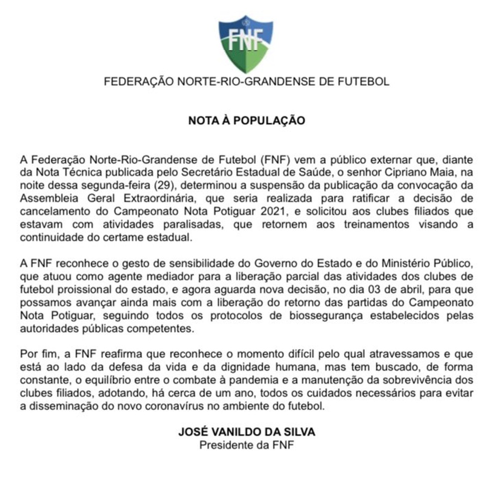 Nota da FNF trata da suspensão de convocação de assembleia que iria ratificar cancelamento — Foto: Reprodução