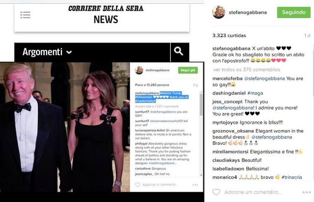 Stefano Gabbana reposta notícias em torno do look de Melania Trump (Foto: Reprodução)