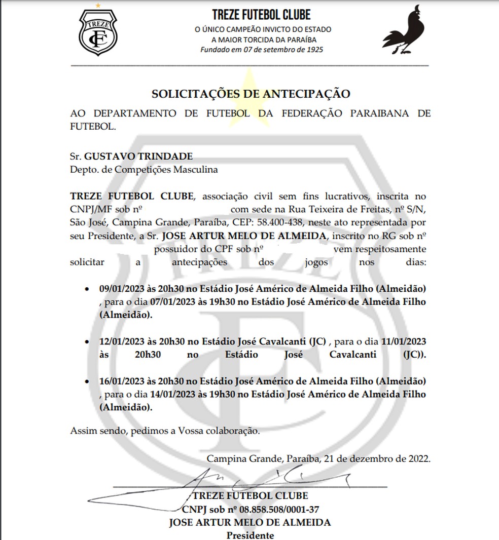 Solicitação de antecipação dos jogos do Treze — Foto: Reprodução / Redes Sociais