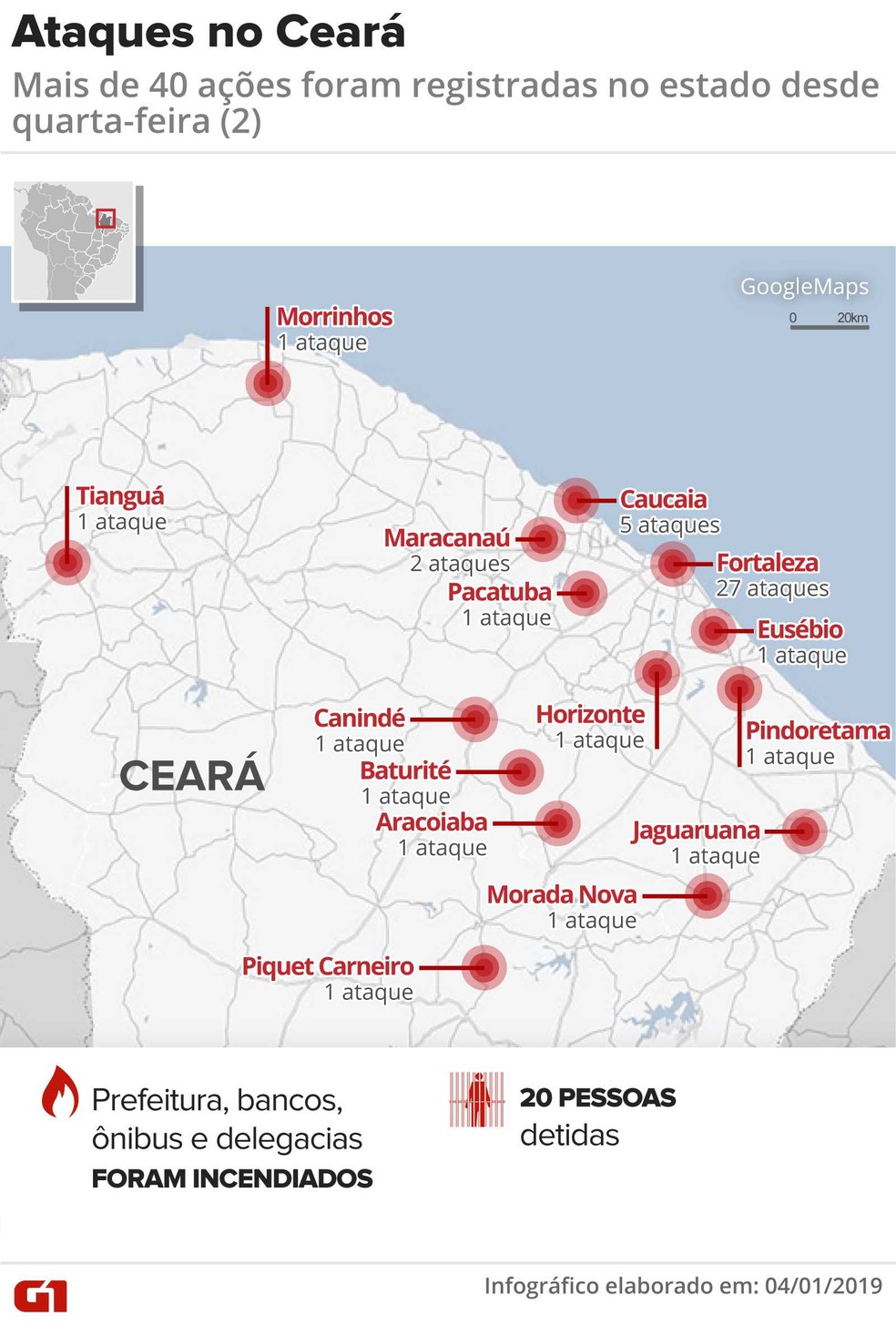 Ceará sofreu 45 ataques em 15 cidades desde quarta-feira (2) — Foto: Infográfico: Juliane Monteiro/G1