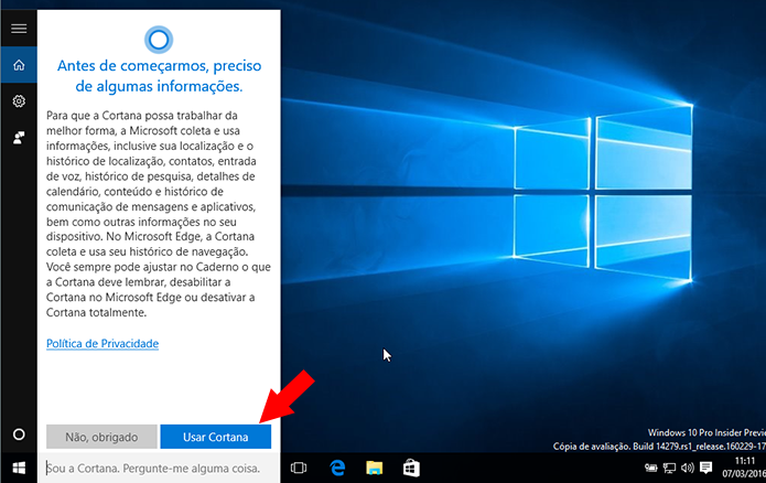 Ative a Cortana no Windows 10 com a build 14279 instalada (Foto: Reprodução/Paulo Alves)