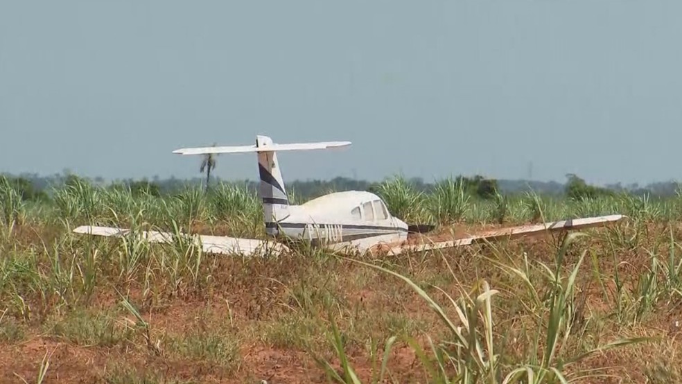 Avião fez pouso forçado em plantação na região de Penápolis — Foto: Reprodução/TV TEM