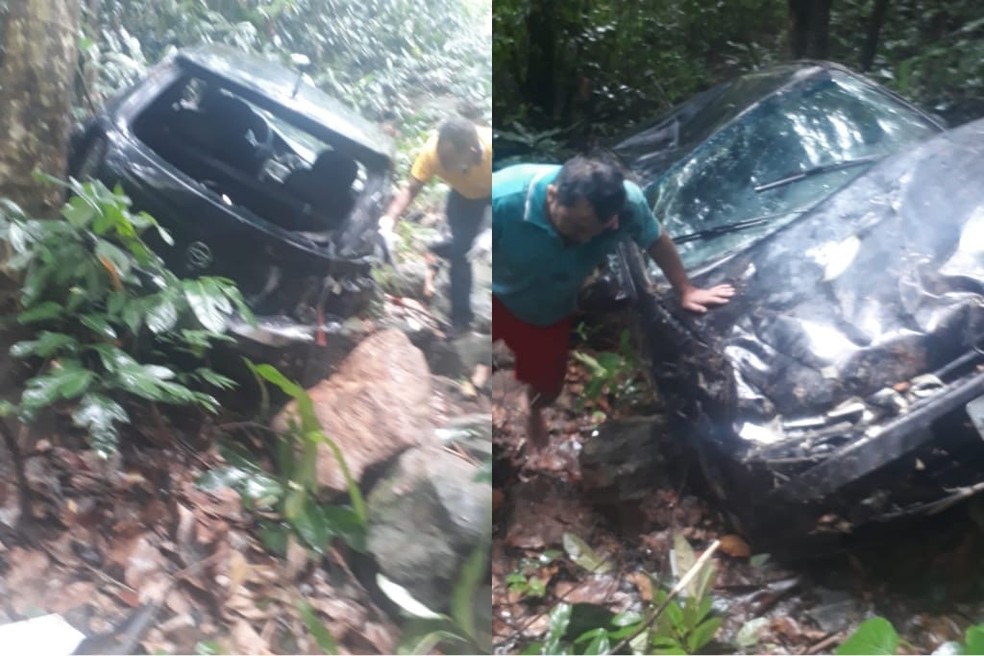 Carro fica danificado após acidente em serra entre Guaramiranga e Baturité, no Ceará. — Foto: Reprodução