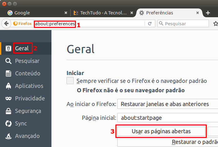 Ajustando o Firefox para iniciar um conjunto de páginas ao iniciar (Foto: Reprodução/Edivaldo Brito)