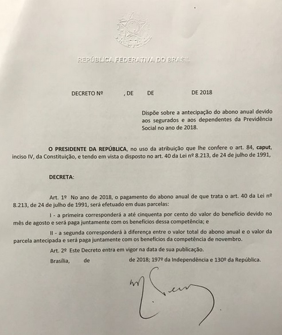 Decreto assinado pelo presidente Michel Temer (Foto: ReproduÃ§Ã£o)