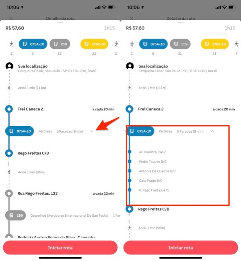 Ação para verificar pontos de ônibus em uma rota no aplicativo Quicko — Foto: Reprodução/Marvin Costa