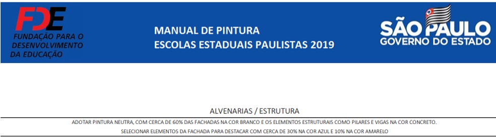 Orientação do manual de pintura do governo de SP orienta que escolas pintem a fachada 30% de azul e 10% de amarelo — Foto: Reprodução