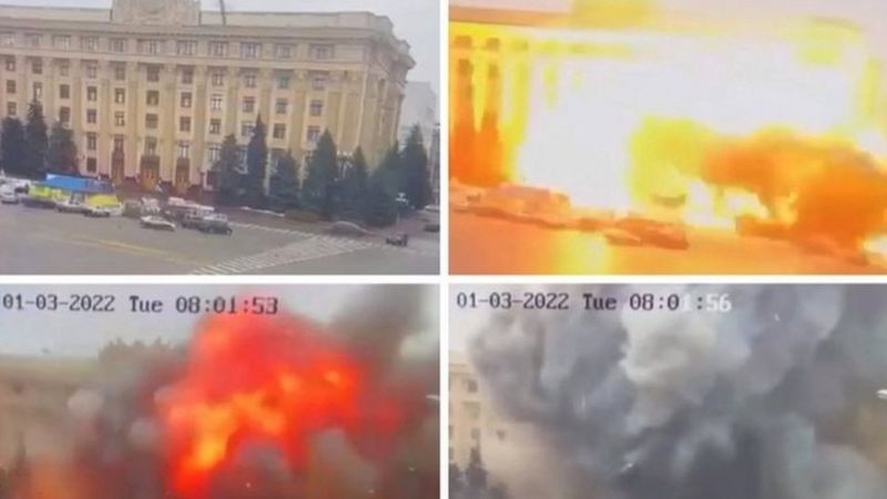 Um projétil atinge o prédio da administração estadual regional em Kharkiv no dia 1º de março (Foto: State Emergency of Ukraine via BBC News)