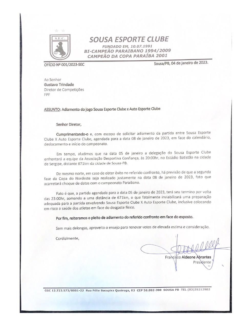 — — Foto: Divulgação / Sousa EC