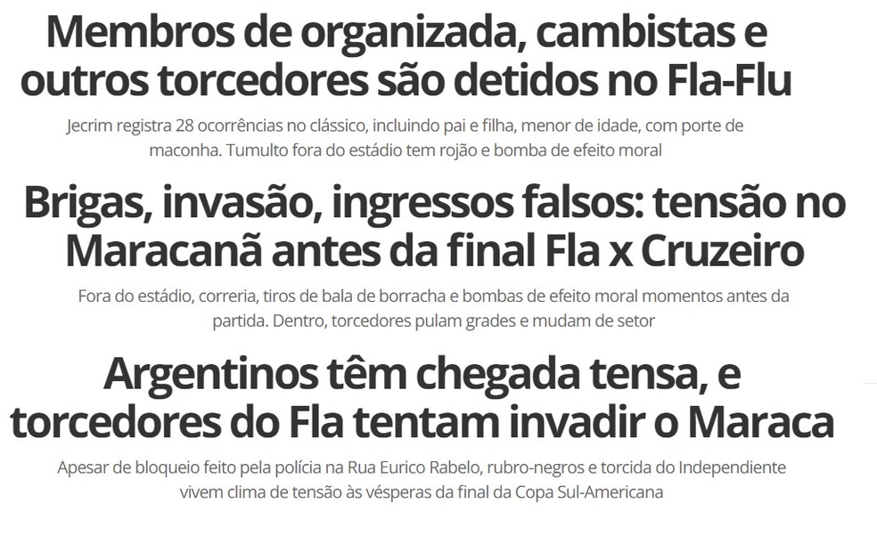 Título de matérias sobre confusões em jogos decisivos do Flamengo em 2017 (Foto: GloboEsporte.com)