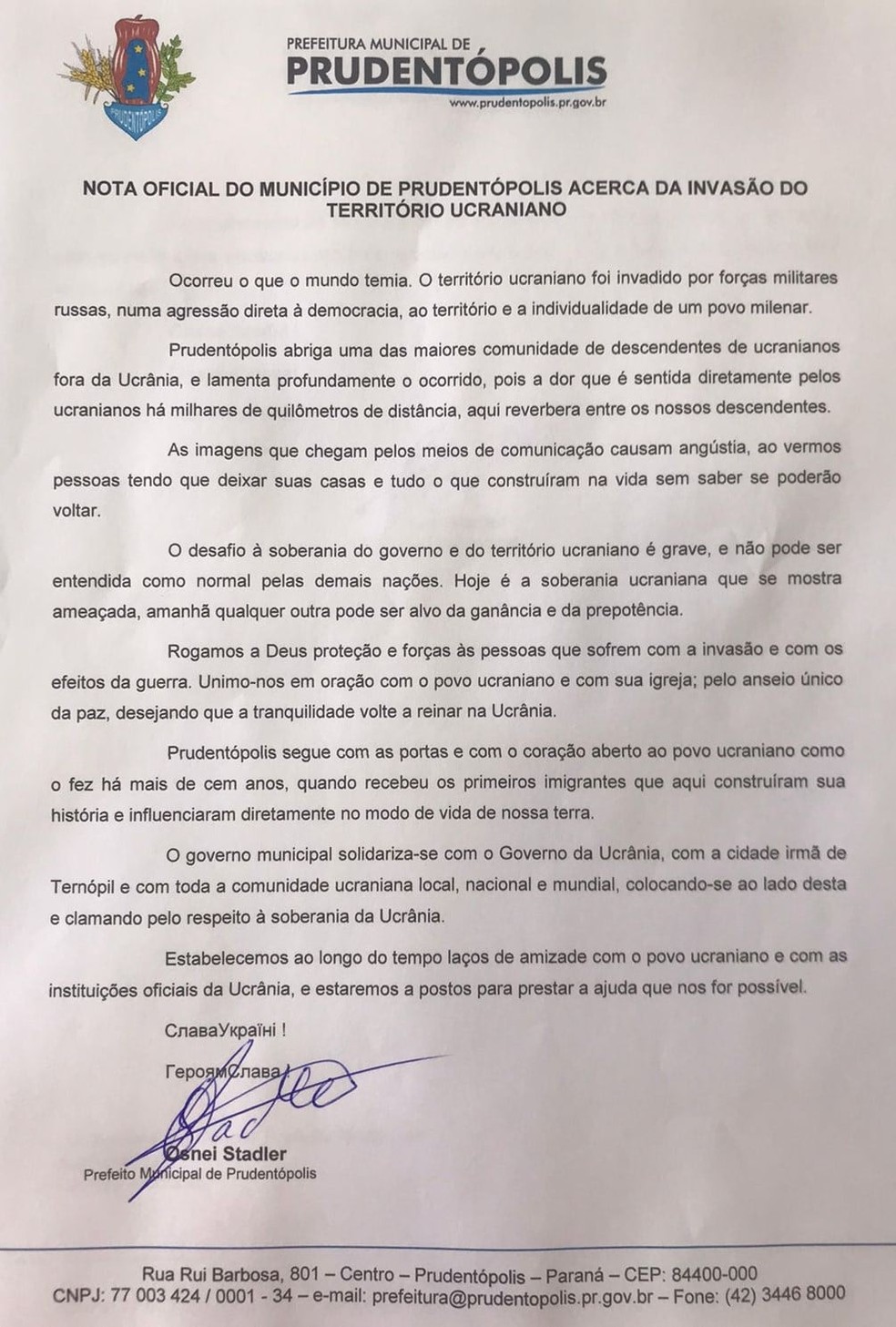 Prudentópolis oferece refúgio para ucranianos — Foto: Prefeitura de Prudentópolis