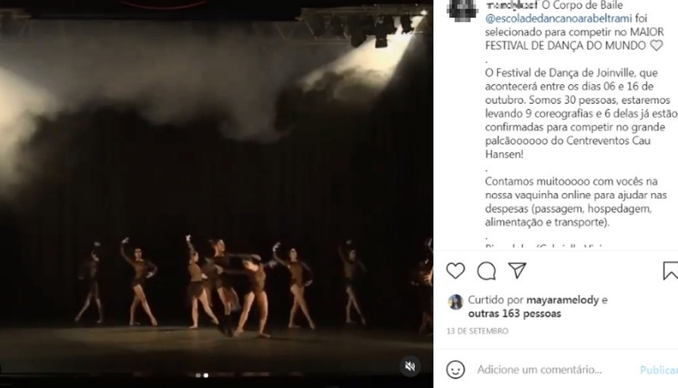 Em publicação, integrante do grupo comemora a seleção para o festival de dança — Foto: Reprodução/Redes Sociais