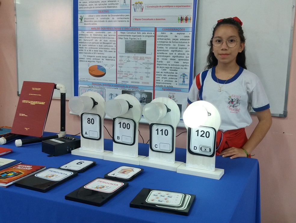 Ana Beatriz Benjamim de Oliveira, de 11 anos, mostra invenção — Foto: Fabiana Figueiredo/G1